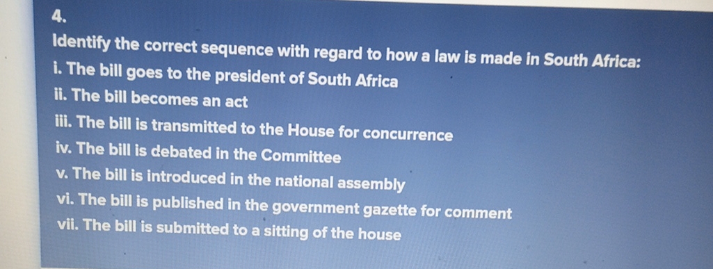 Identify the correct sequence with regard to how a law is