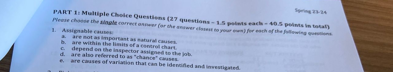  Spring 23-24 PART 1: Multiple Choice Questions (27 questions -1.5 points