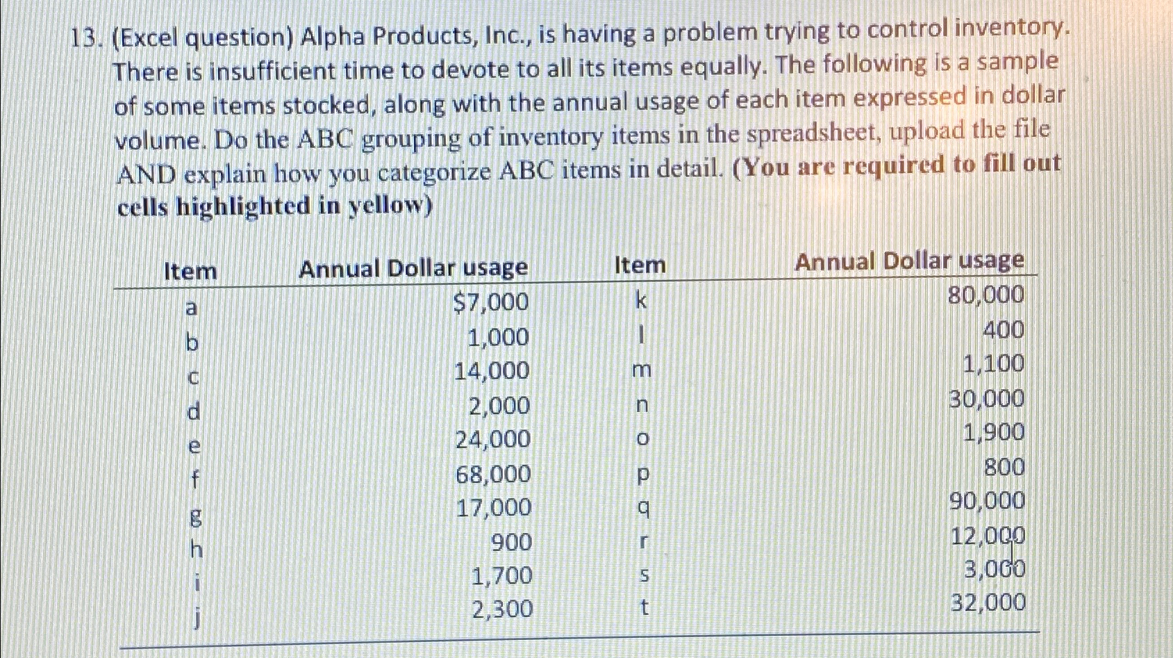  (Excel question) Alpha Products, Inc., is having a problem trying to