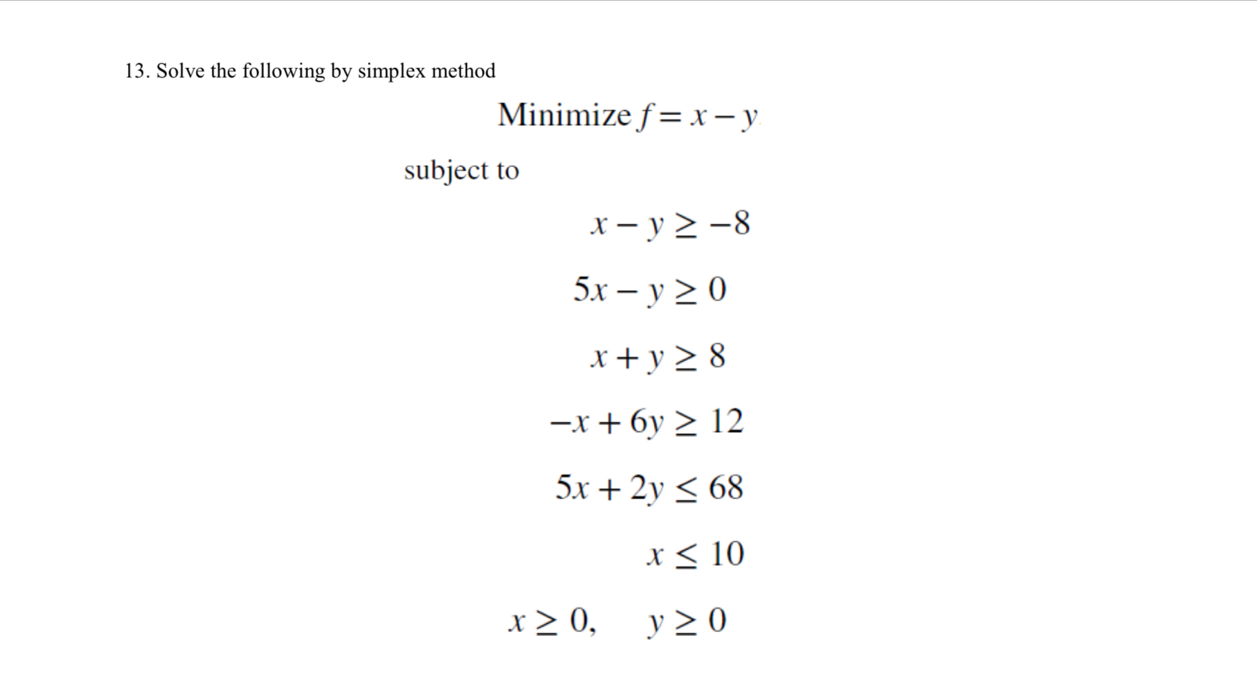  Solve the following by simplex method Minimize f=x-y subject to x-y-8