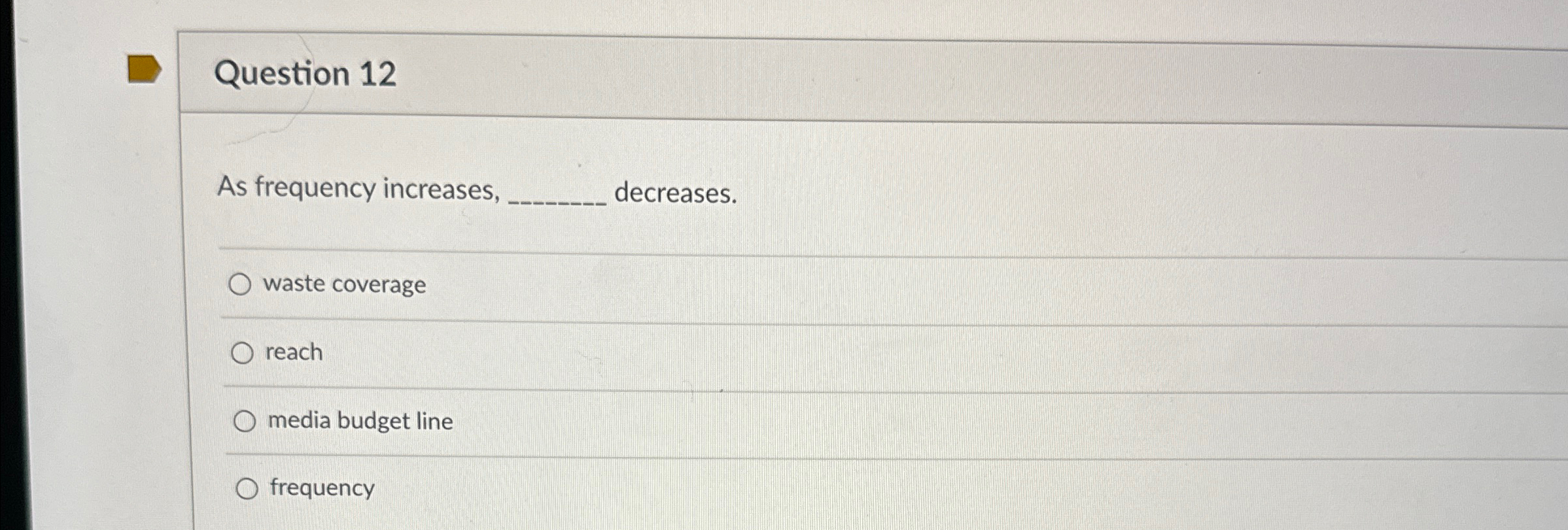  Question 12 As frequency increases, decreases. waste coverage reach media budget