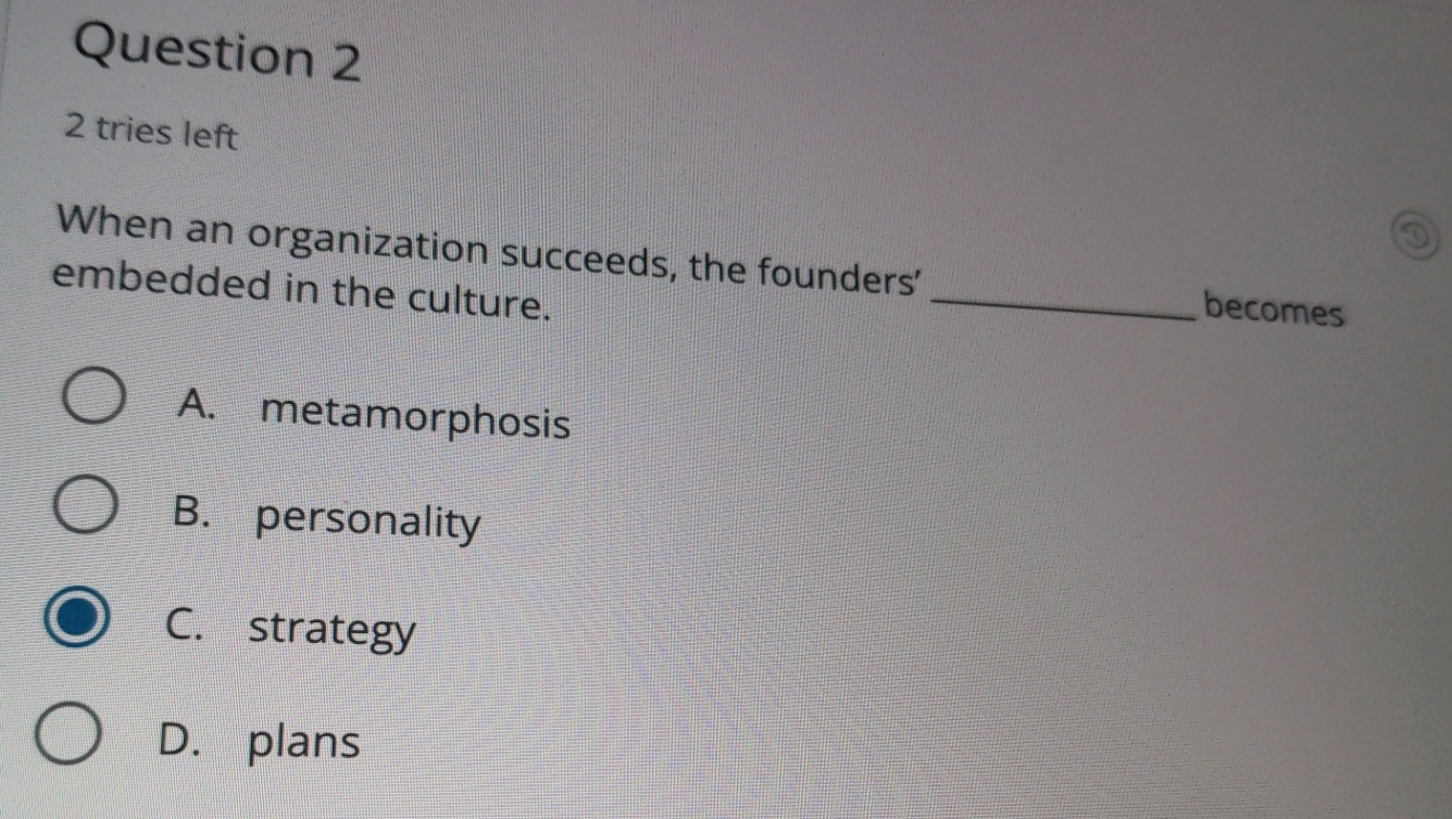  Question 2 2 tries left When an organization succeeds, the founders'