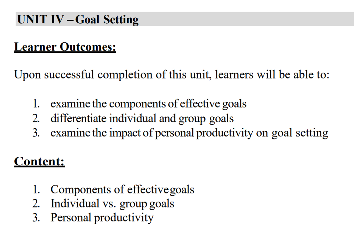  UNIT IV - Goal Setting Learner Outcomes: Upon successful completion of