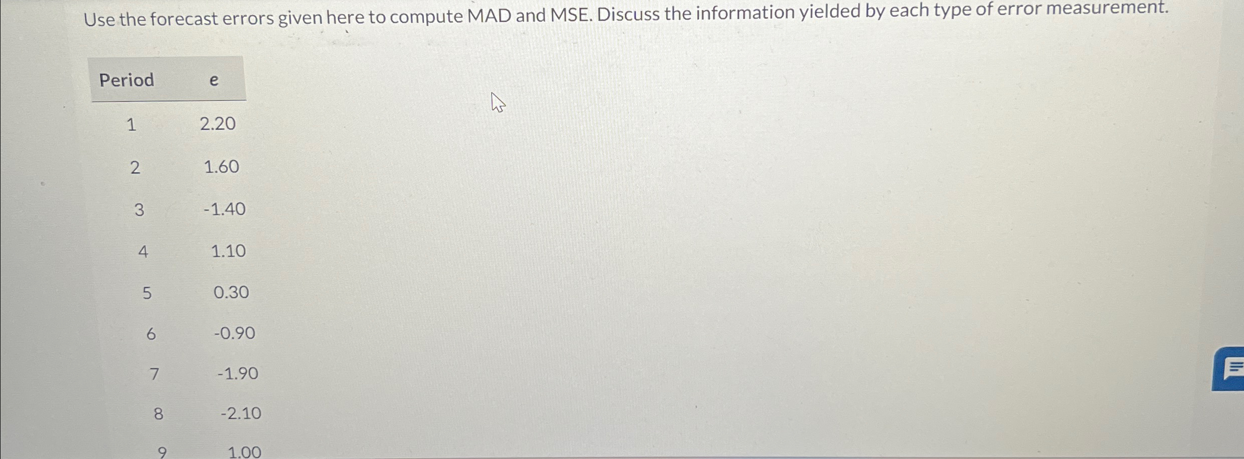  Use the forecast errors given here to compute MAD and MSE.