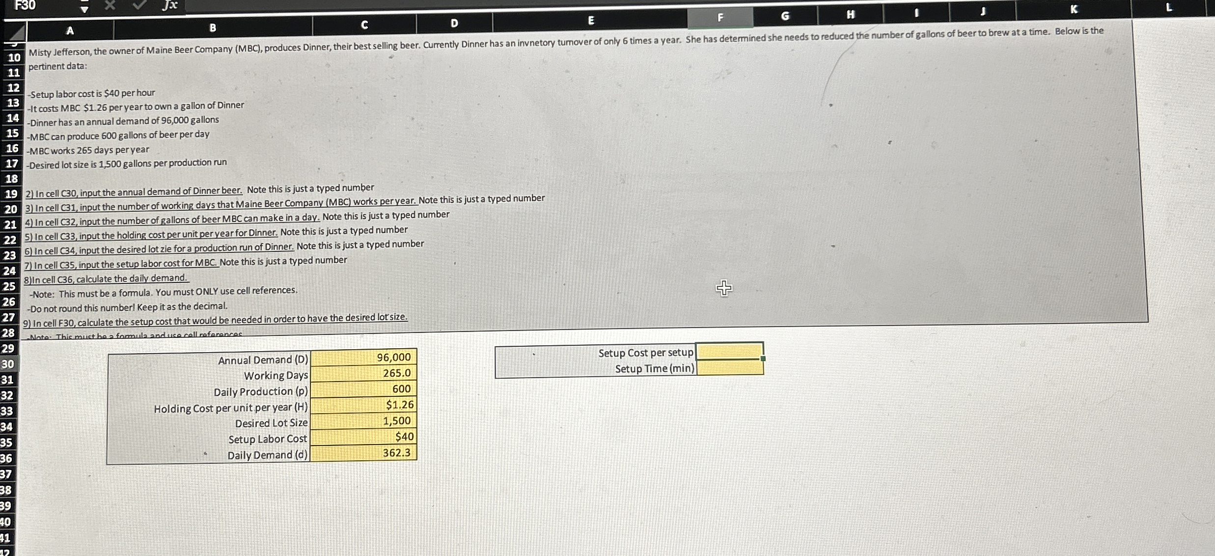  pertinent data: -Setup labor cost is $40 per hour -lt costs