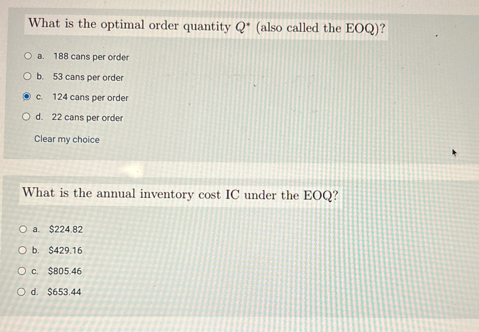  What is the optimal order quantity Q**(also called the EOQ)? a.188
