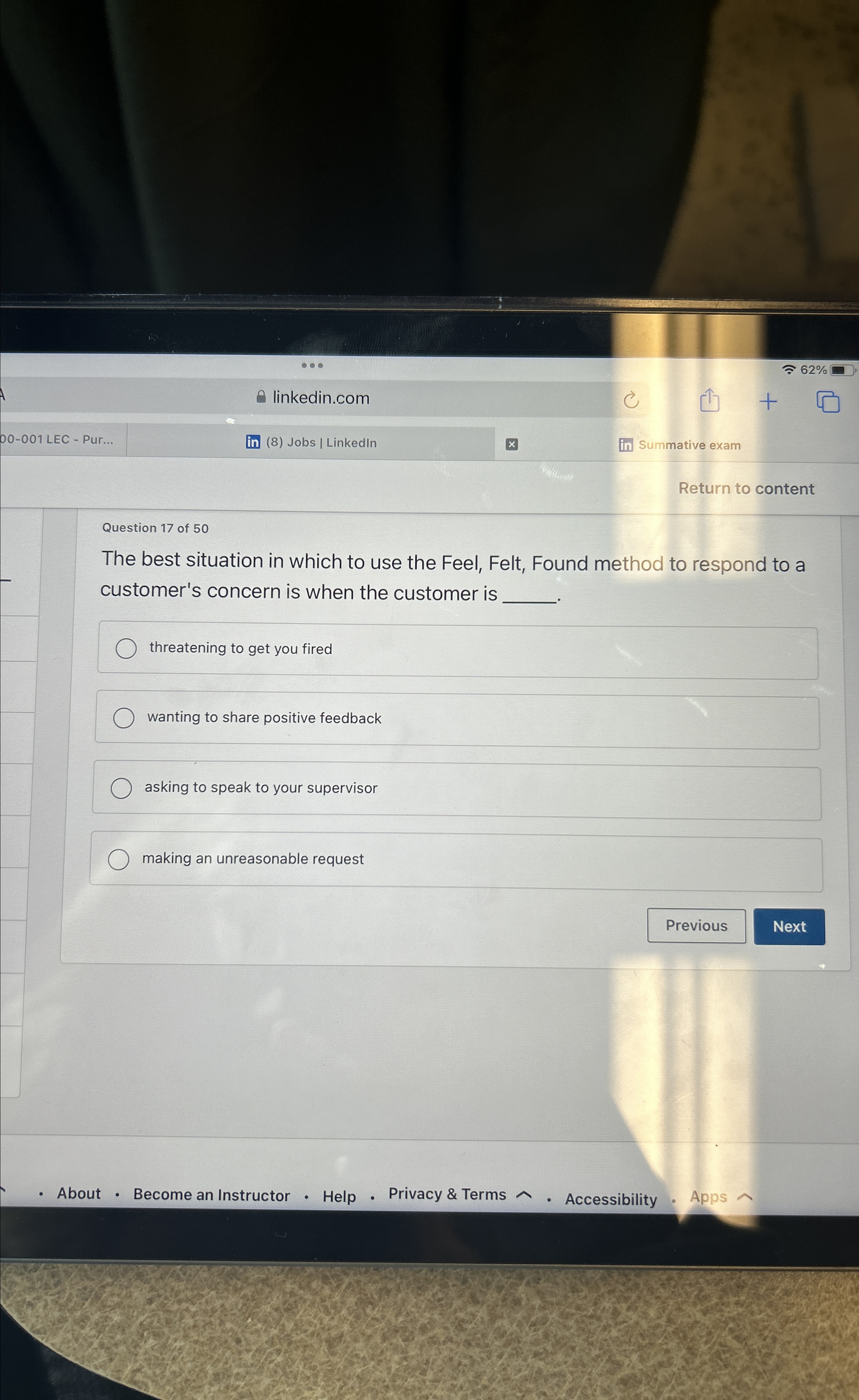  linkedin.com D0-001 LEC - Pur... (8) Jobs / Linkedin Summative exam