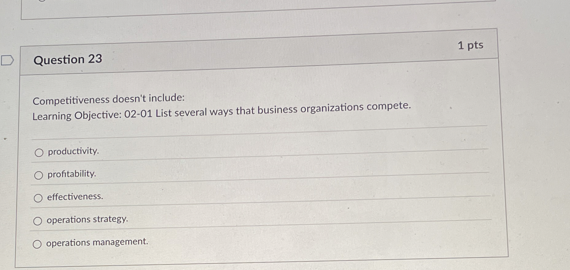  Question 23 Competitiveness doesn't include: productivity. profitability. effectiveness. operations strategy. operations