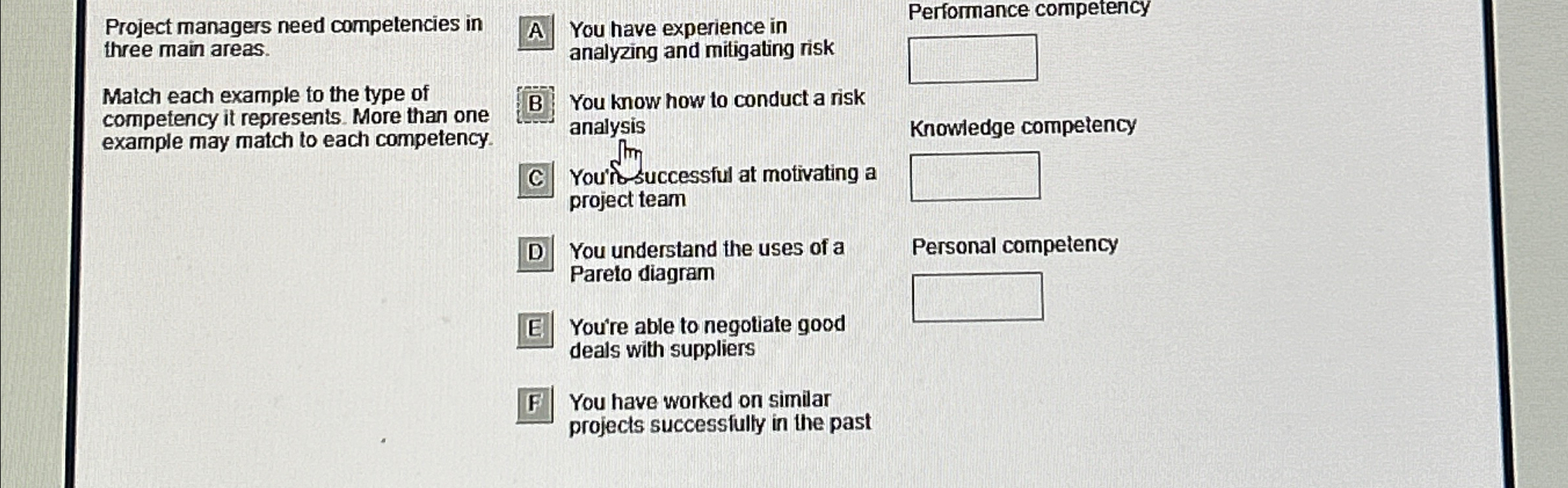  Project managers need competencies in three main areas. Match each example