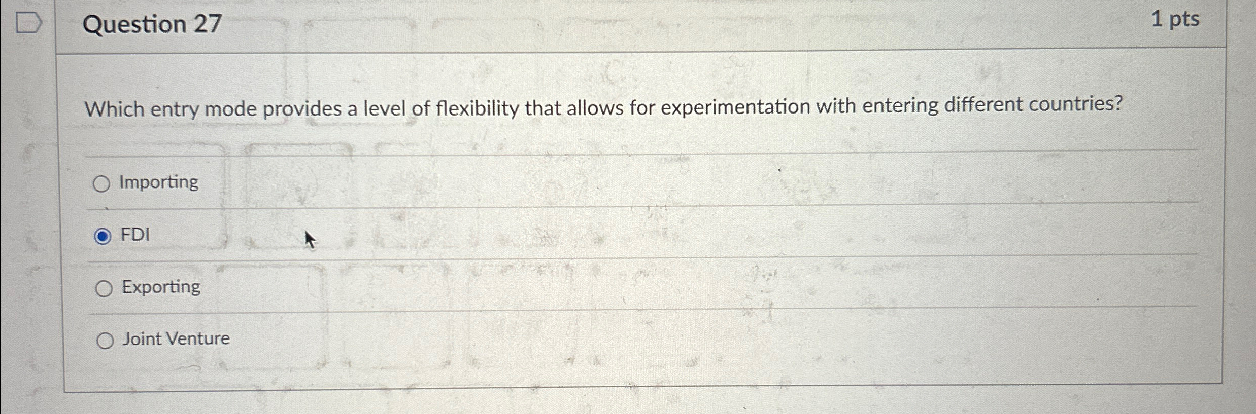  Question 27 1 pts Which entry mode provides a level of