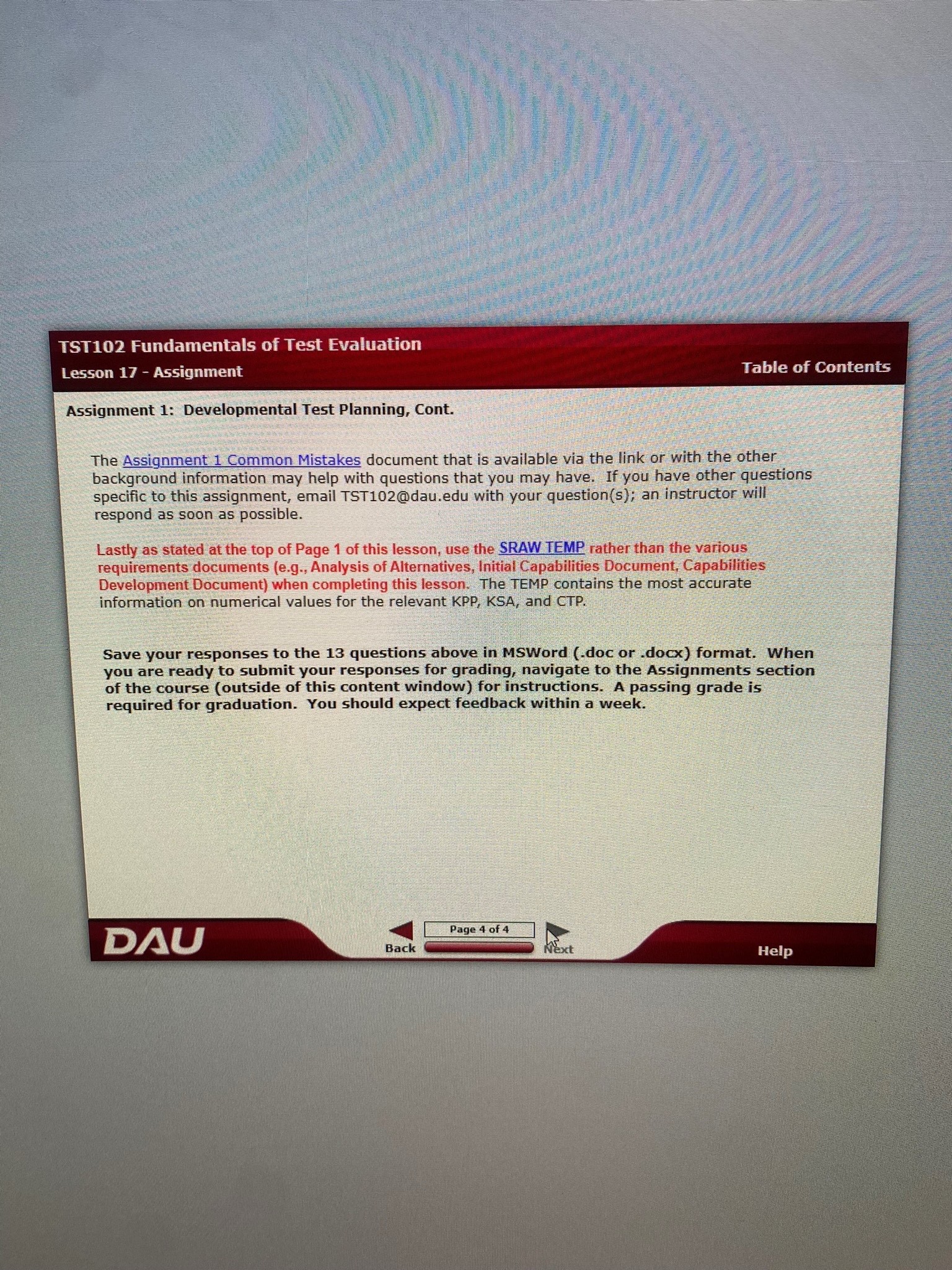  Assignment 1: Developmental Test Planning, Cont Use the TEMP to define