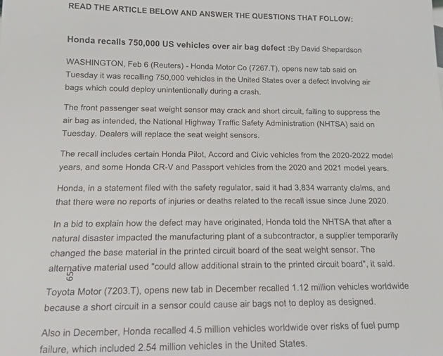  READ THE ARTICLE BELOW AND ANSWER THE QUESTIONS THAT FOLLOW: Honda