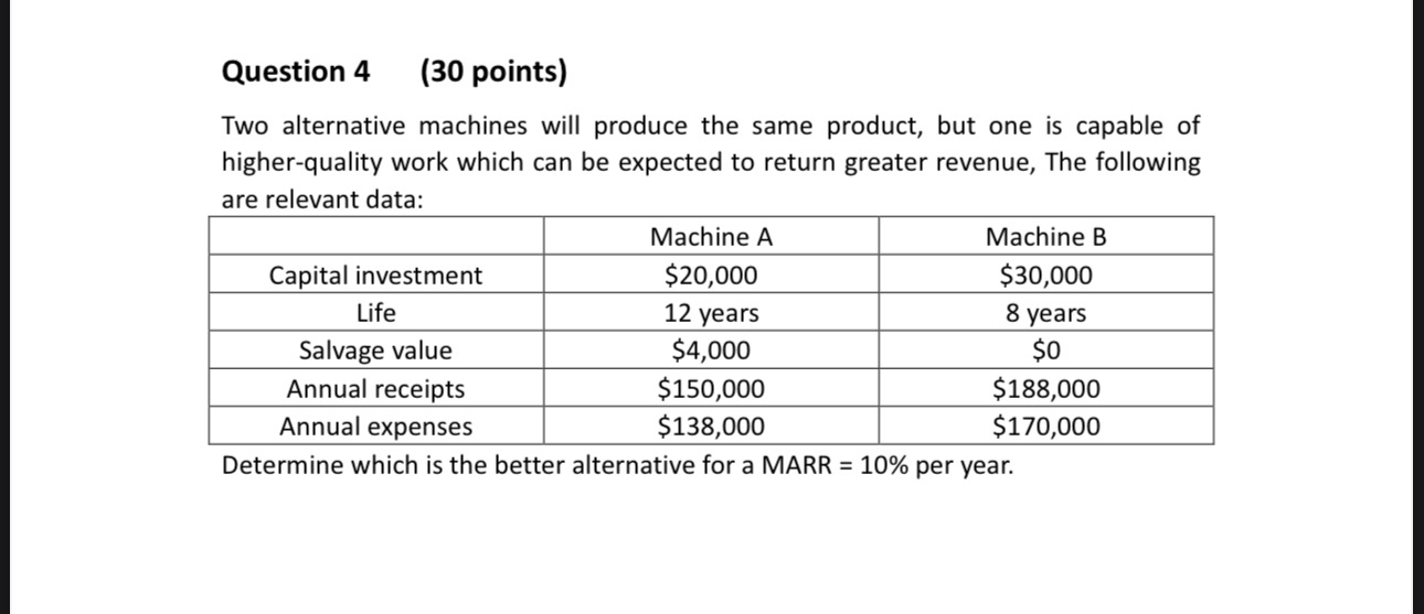  Question 4,(30 points) Two alternative machines will produce the same product,
