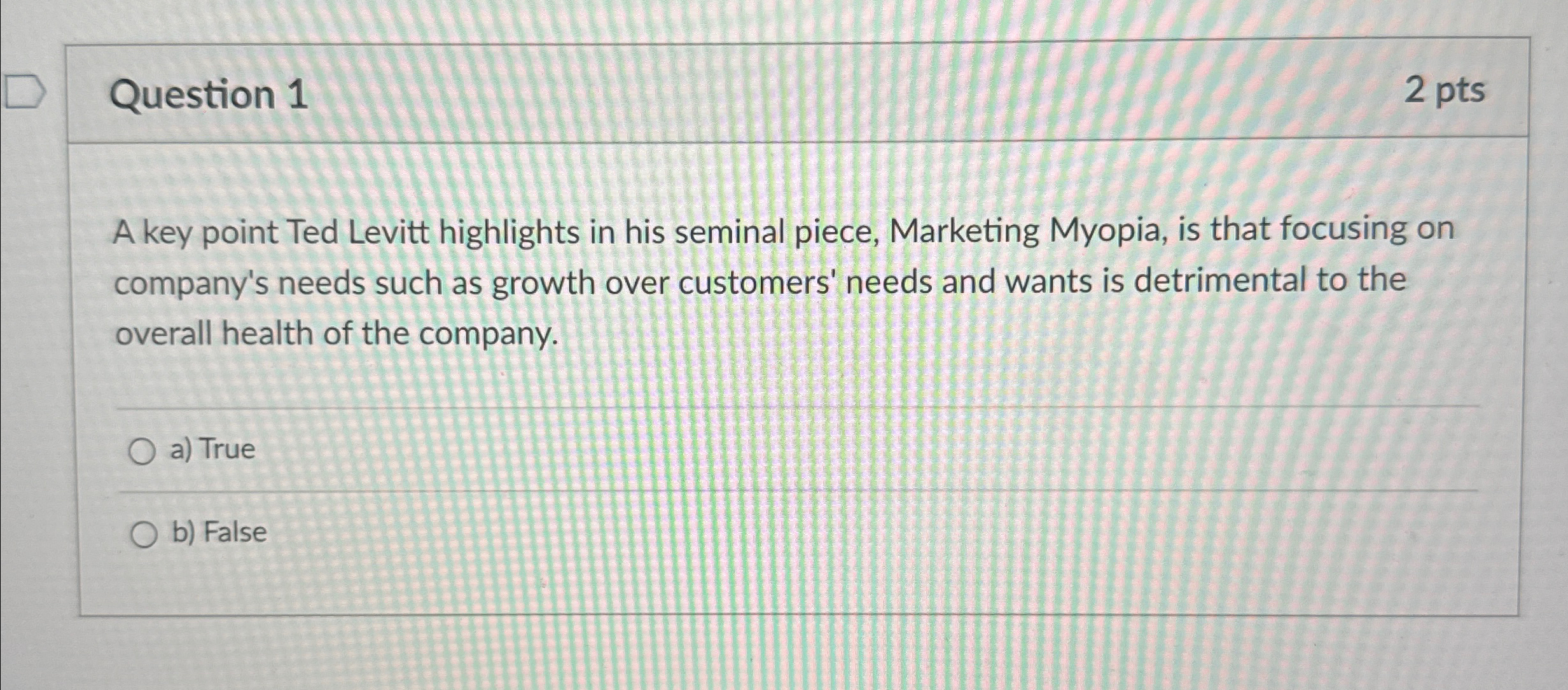  Question 1 2 pts A key point Ted Levitt highlights in
