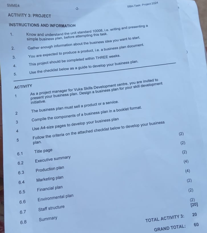  SMME4 ACTIVITY 3: PROJECT -2- SBA-Task: Project 2024 INSTRUCTIONS AND INFORMATION
