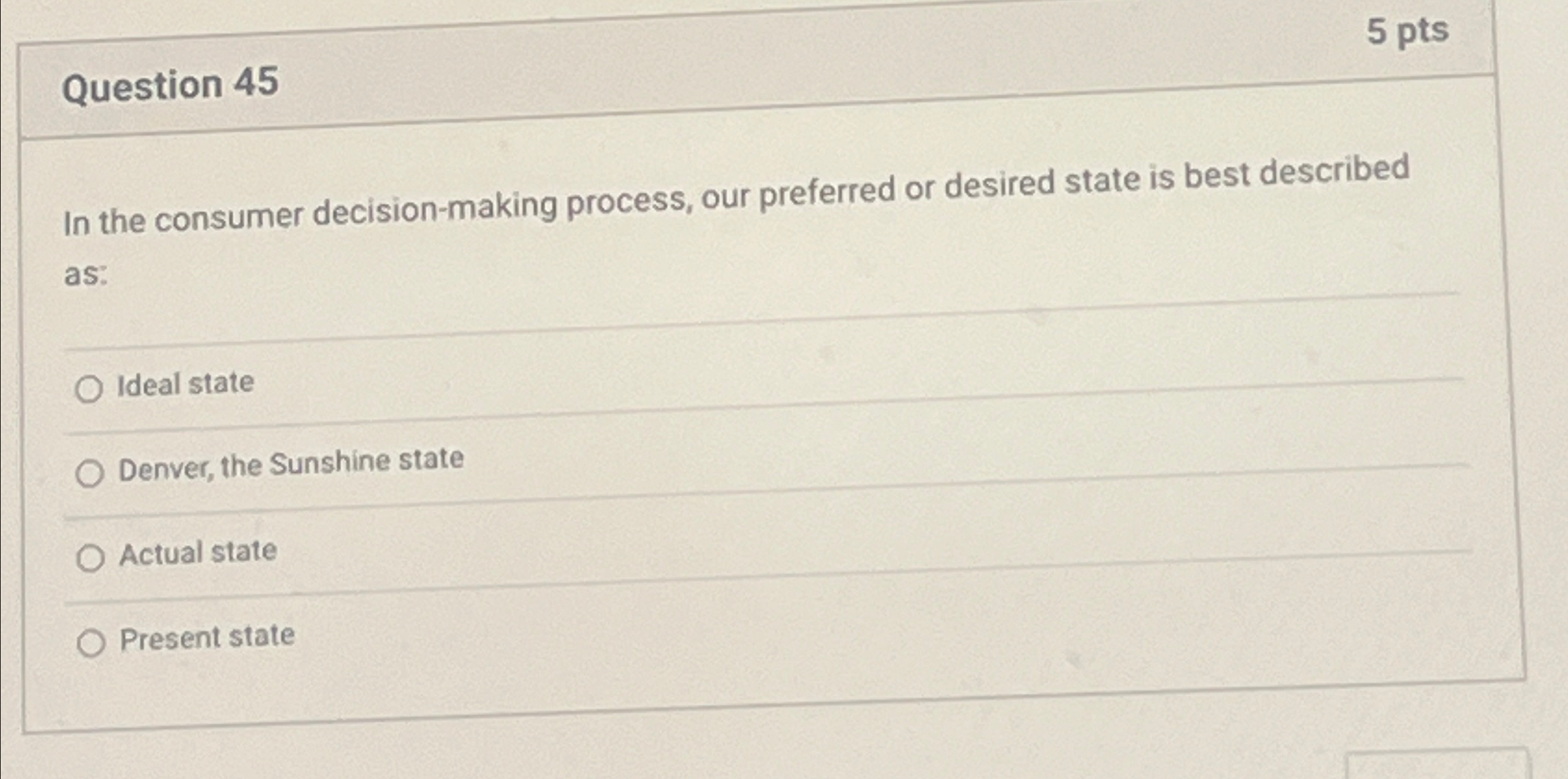  5 pts Question 45 In the consumer decision-making process, our preferred