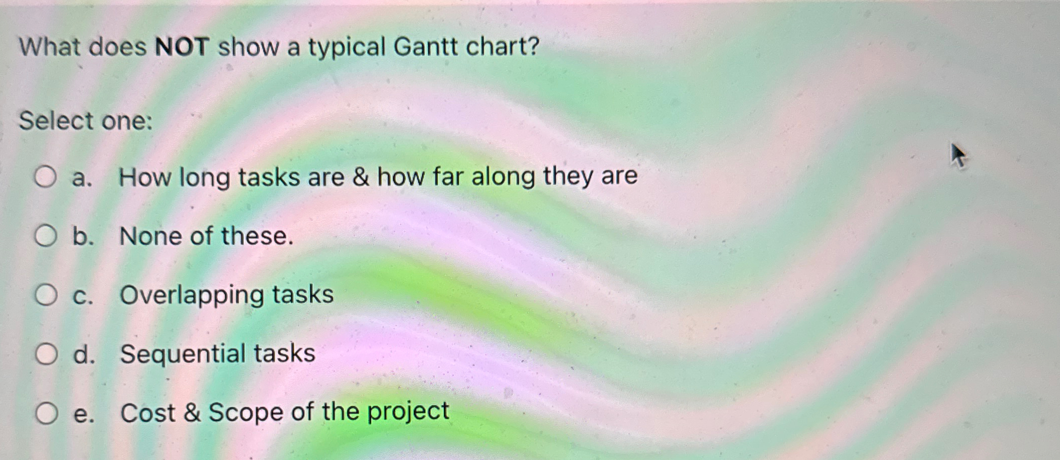  What does NOT show a typical Gantt chart? Select one: a.