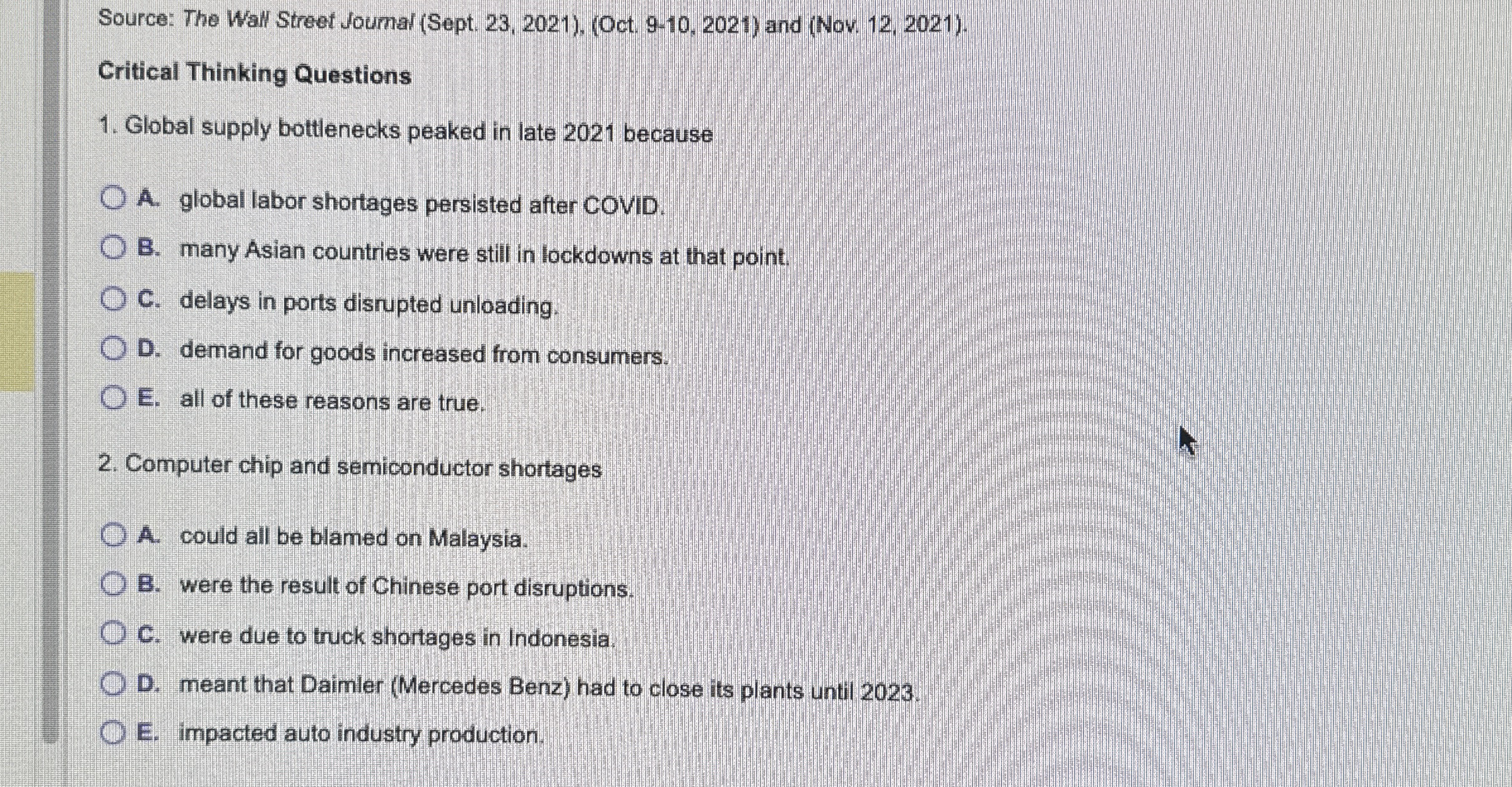 Source: The WaN Street Joumal (Sept.23,2021).(Oct.9-10,2021) and (Nov.12,2021). Critical Thinking Questions