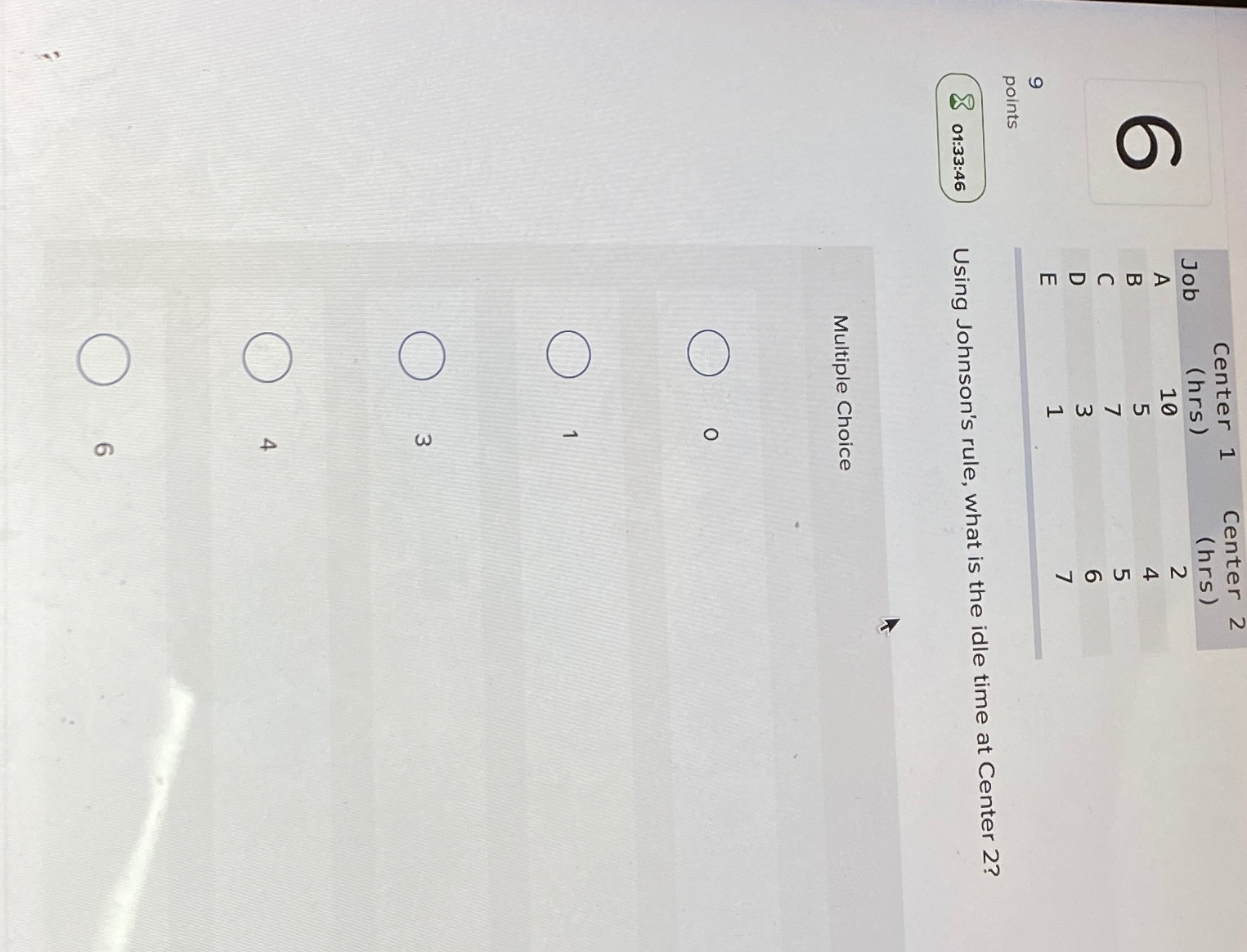  \table[[Job,\table[[Center],[ hrs )]],\table[[Center 2],[(hrs)]]],[A,10,2],[B,5,4],[C,7,5],[D,3,6],[E,1,7]] 9 points 801:33:46 Using Johnson's rule, what