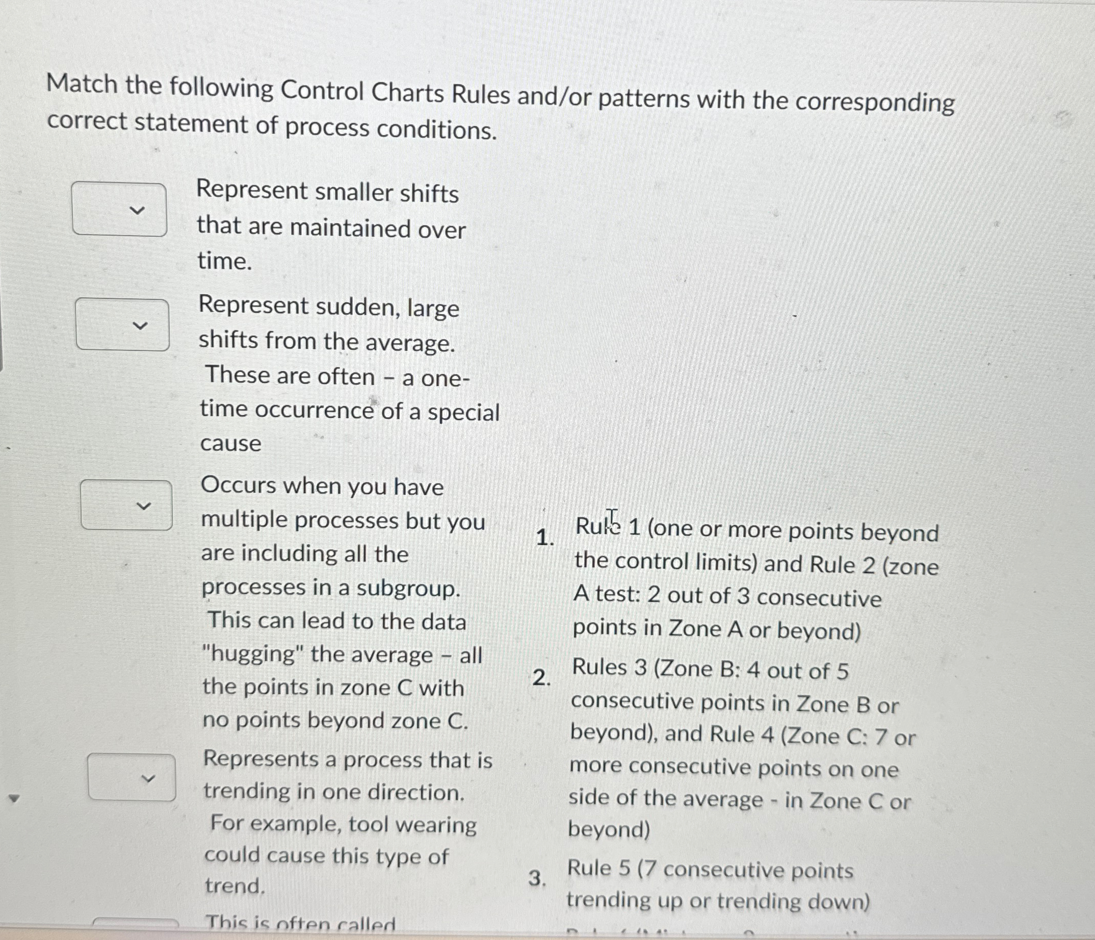  Match the following Control Charts Rules and/or patterns with the corresponding