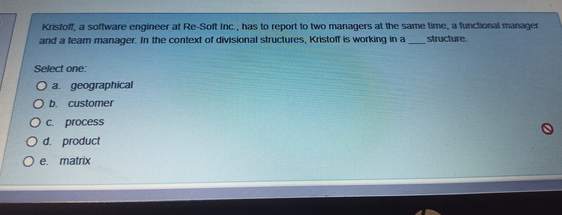  Kristoff, a software engineer at Re-Soft Inc., has to report to