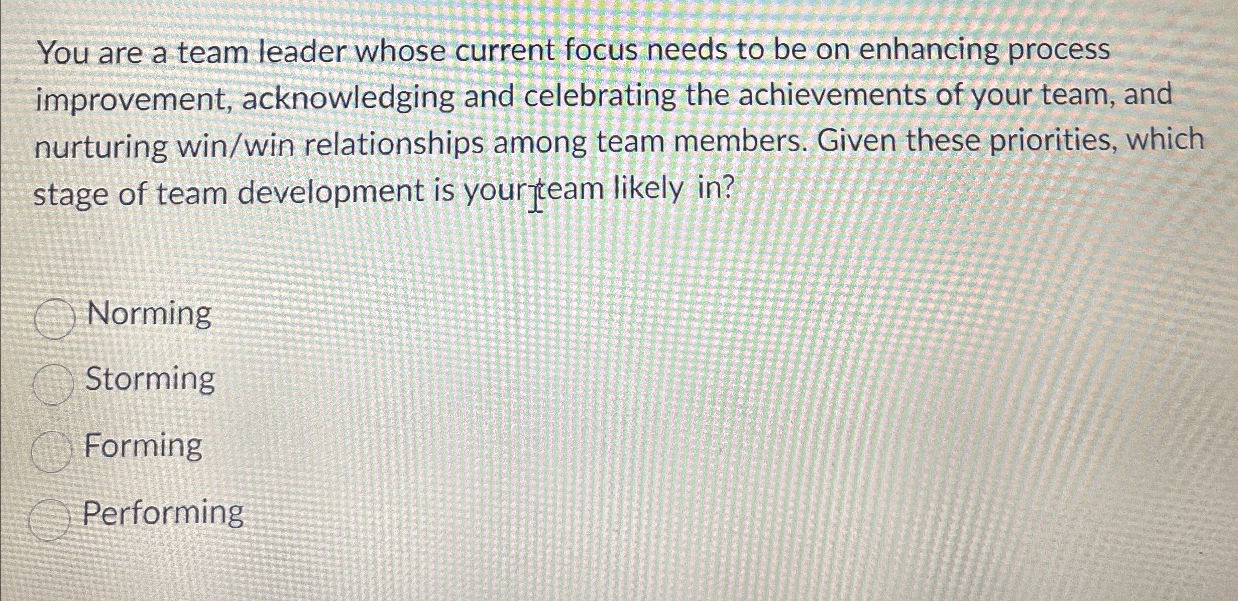  You are a team leader whose current focus needs to be
