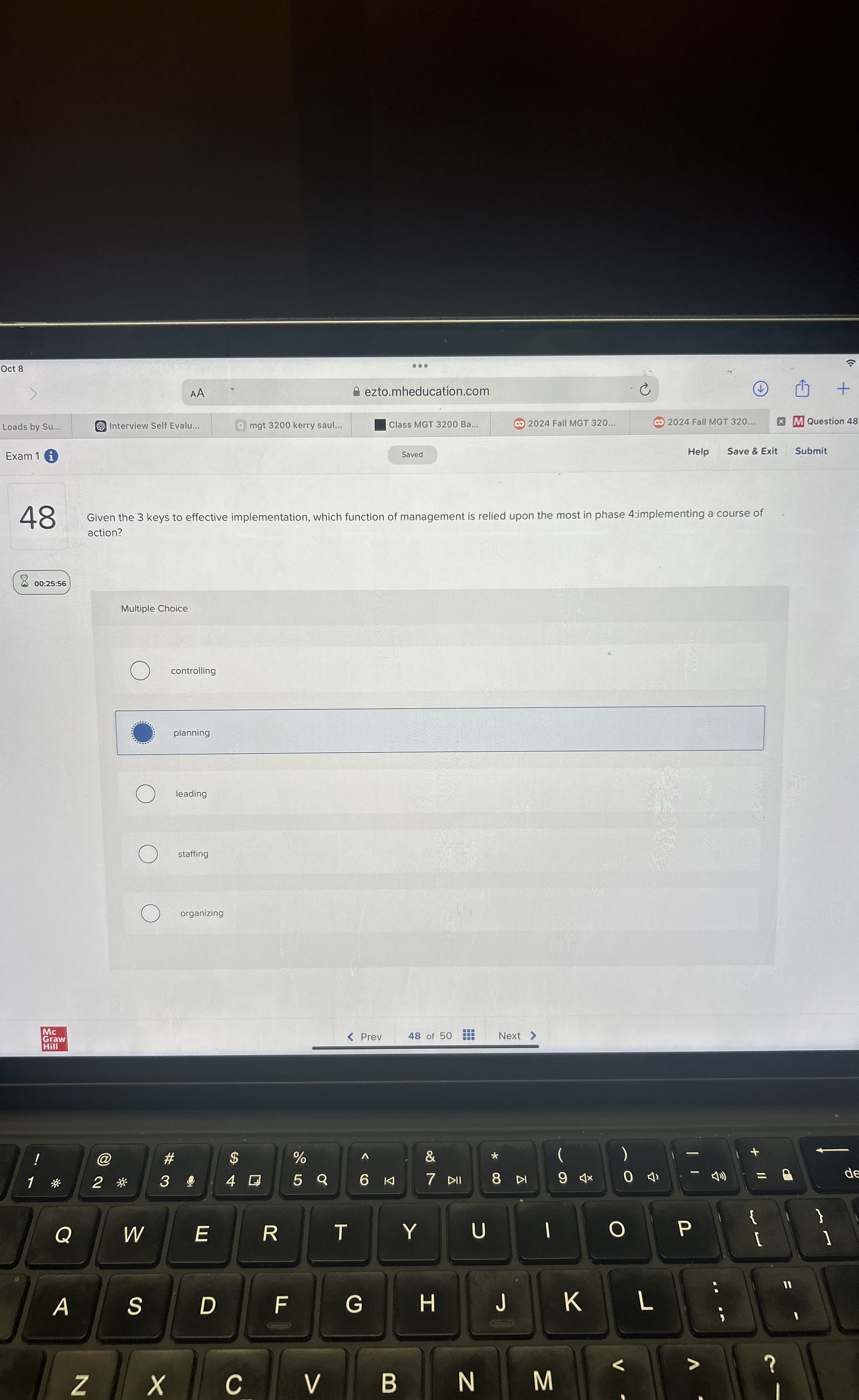  Given the 3 keys to effective implementation, which function of management