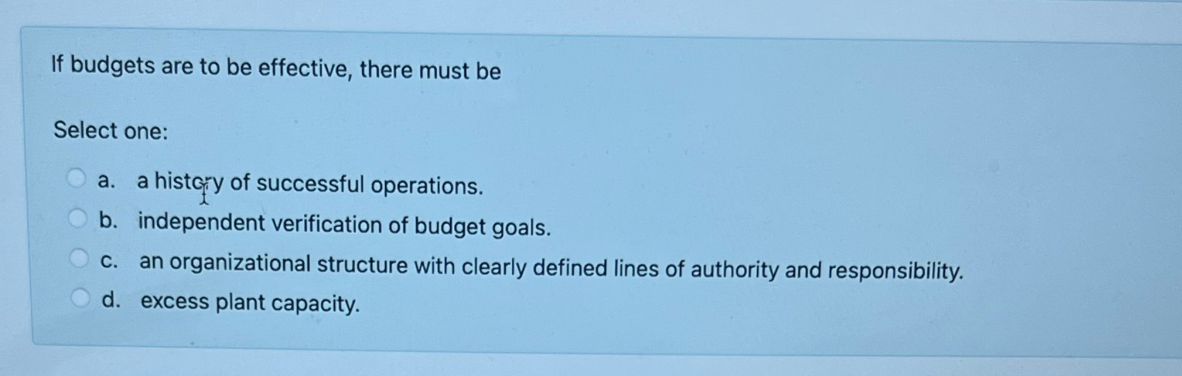  If budgets are to be effective, there must be Select one: