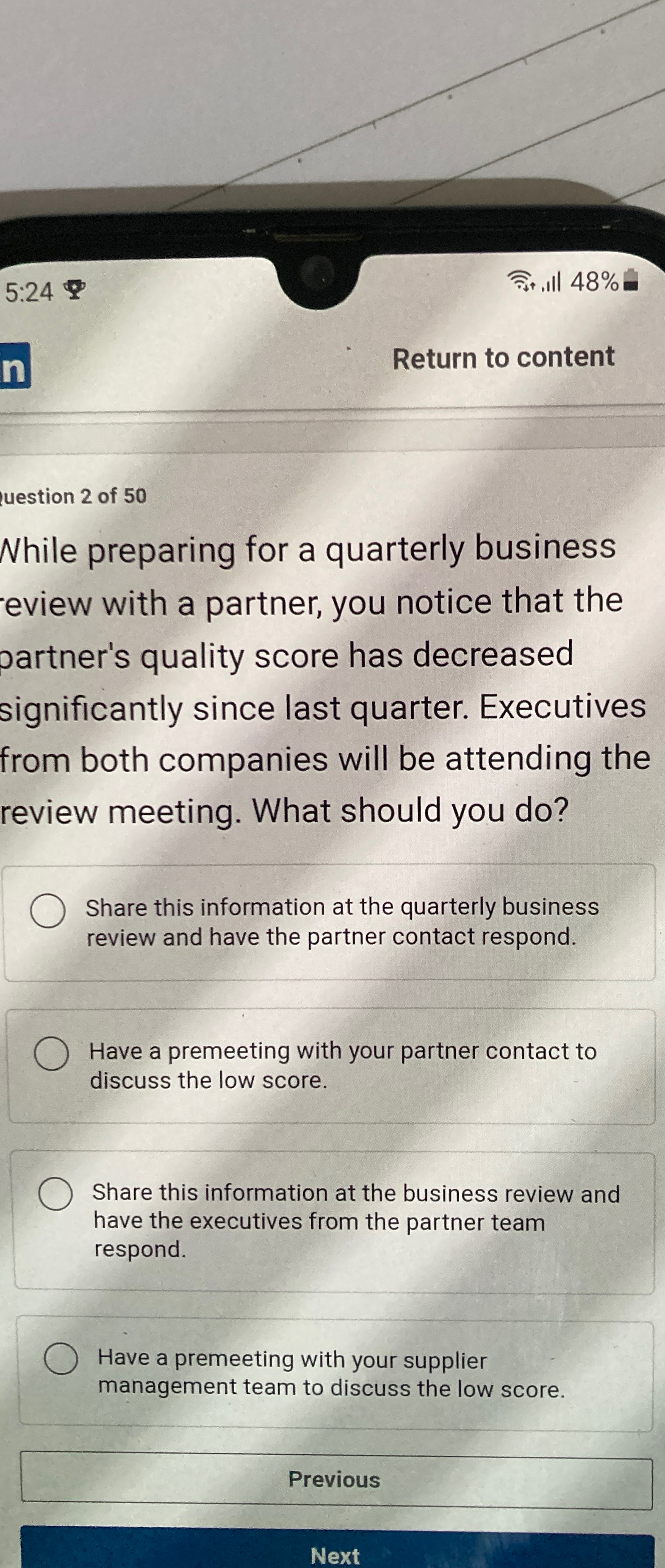  5:24 t,ll48% Return to content uestion 2 of 50 While preparing