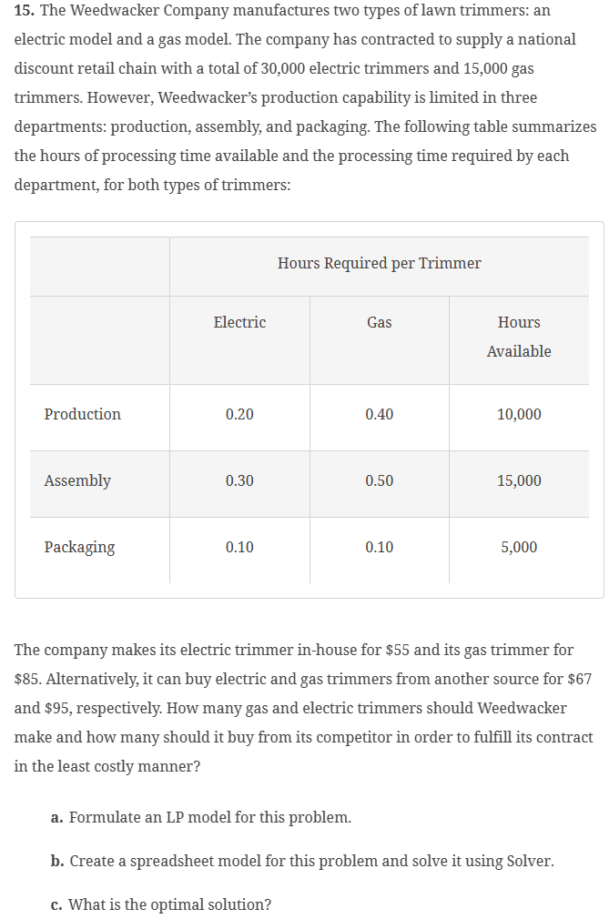  Using Excel Analytic Solver: The Weedwacker Company manufactures two types of