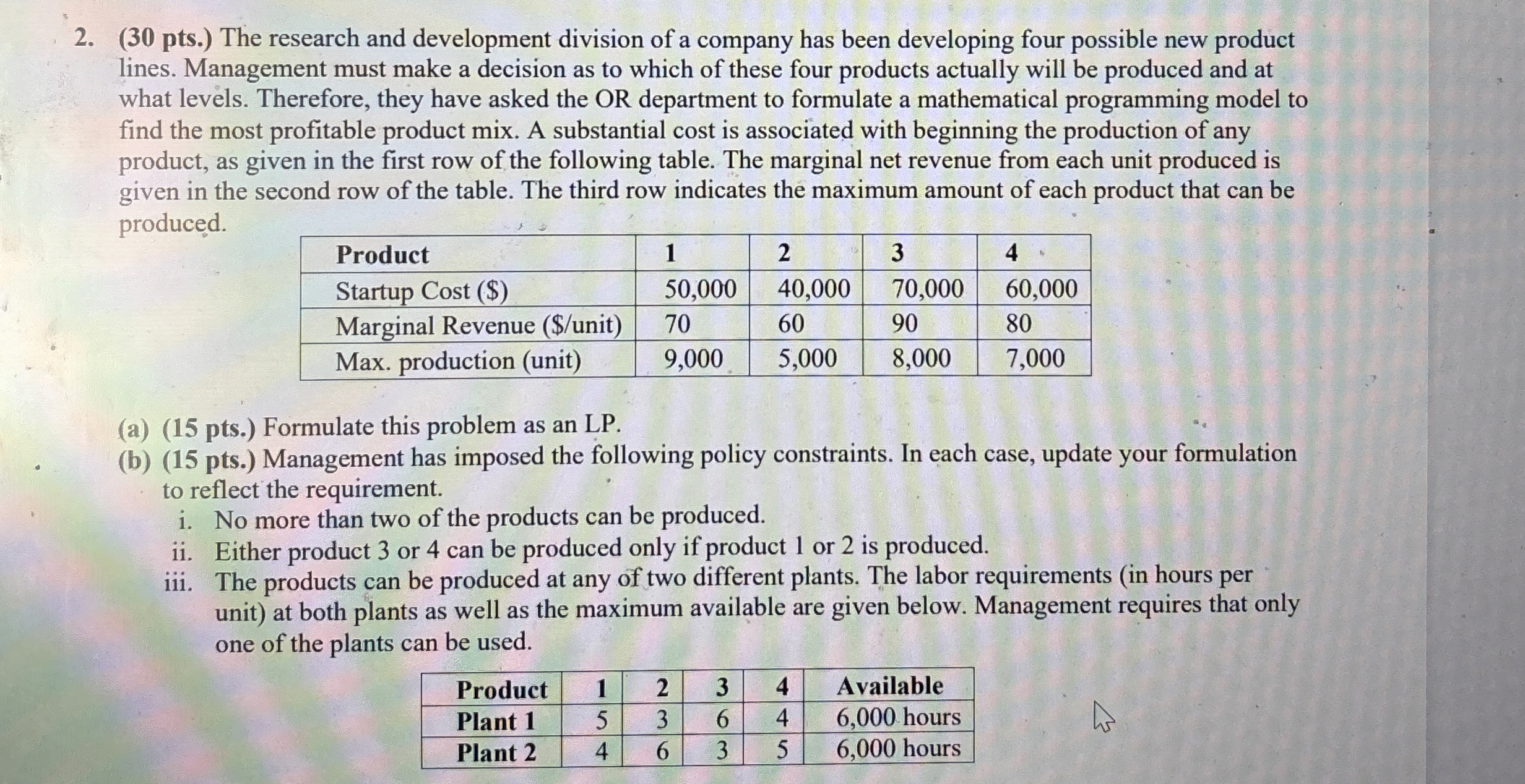  (30 pts.) The research and development division of a company has