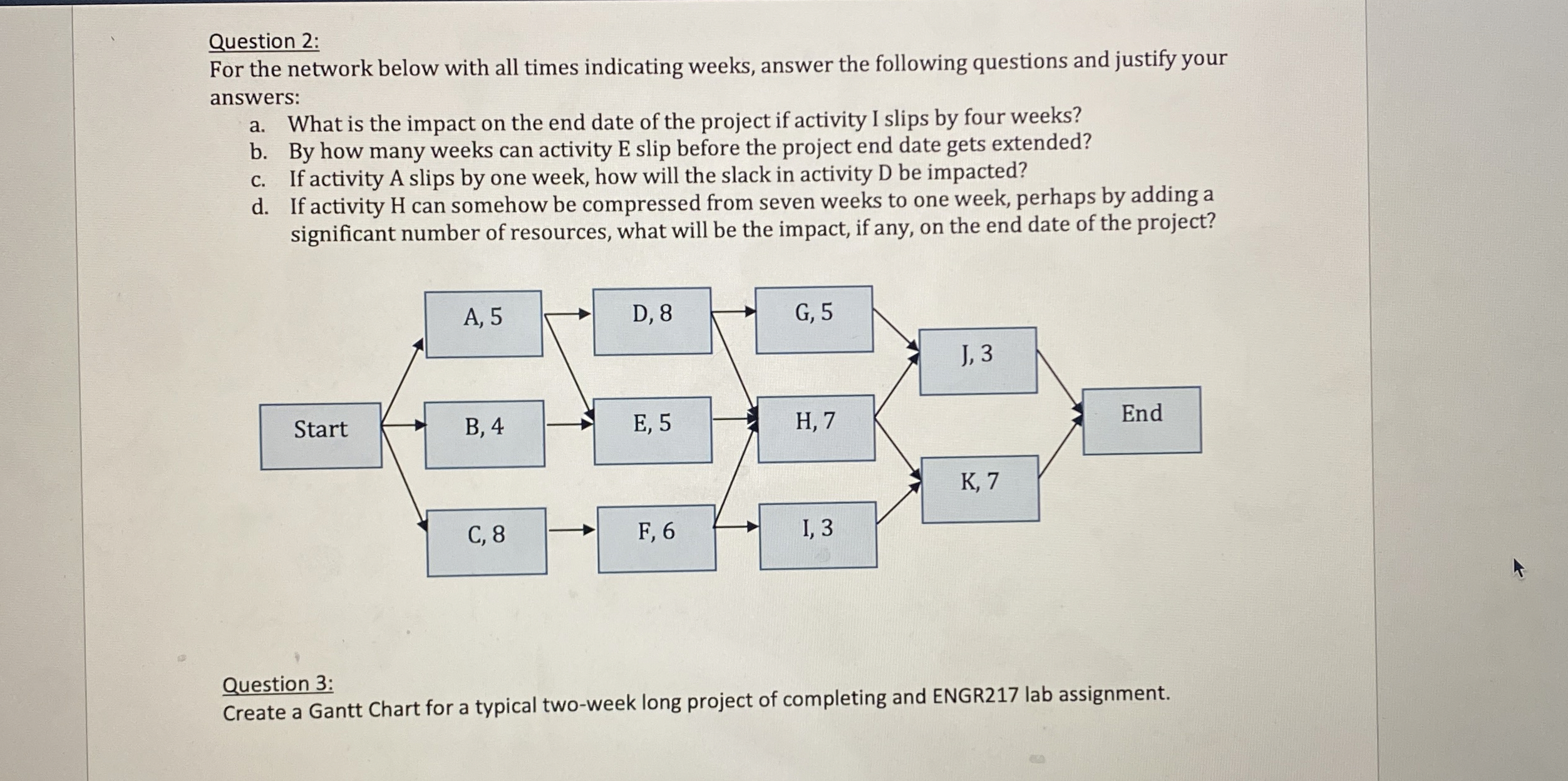  Question 2: For the network below with all times indicating weeks,