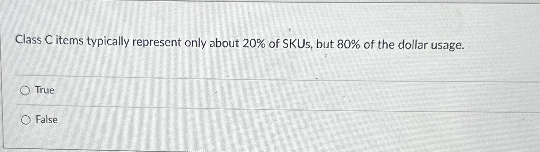  Class C items typically represent only about 20% of SKUs, but