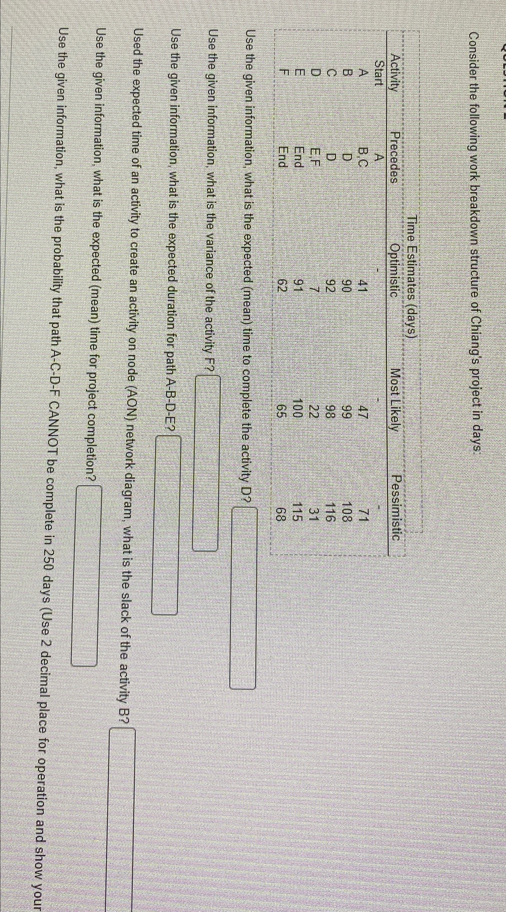  Use the given information what is expected mean time to complete