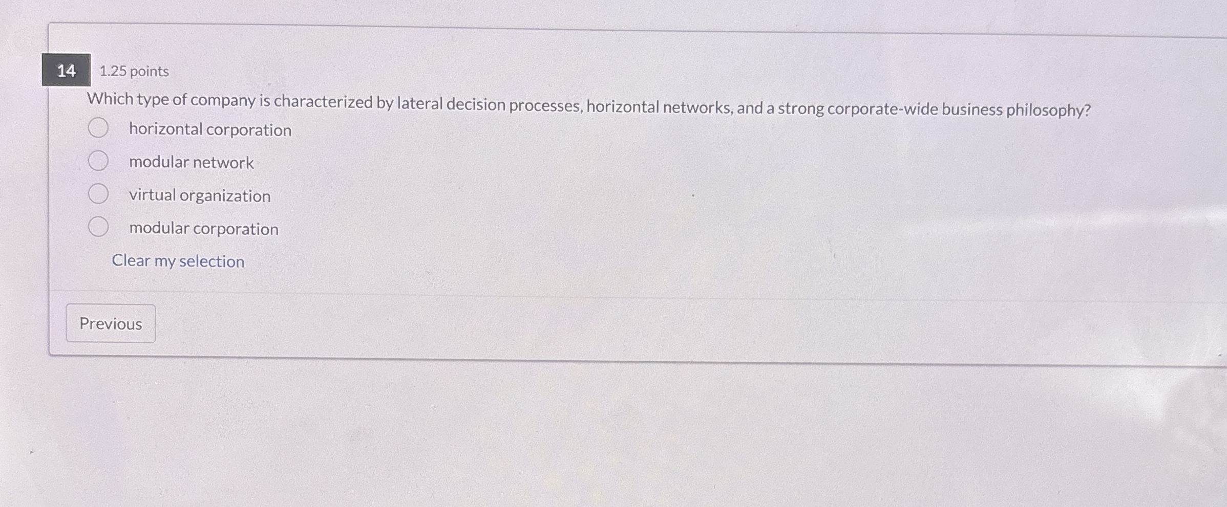  14 1.25 points Which type of company is characterized by lateral