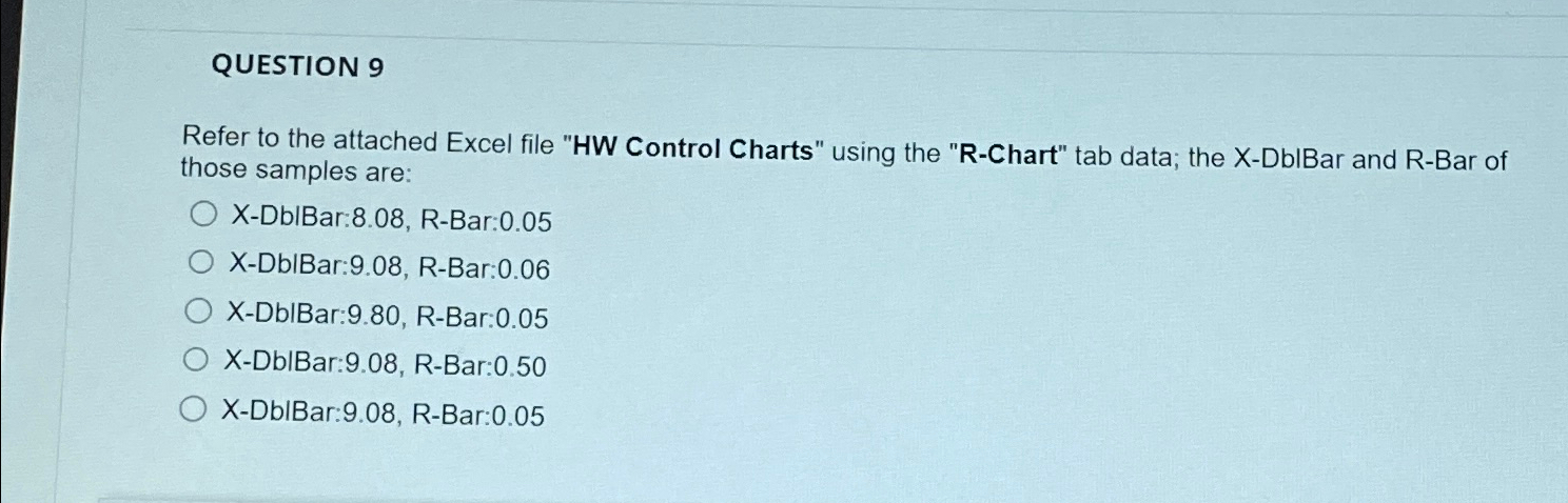  QUESTION 9 Refer to the attached Excel file "HW Control Charts"