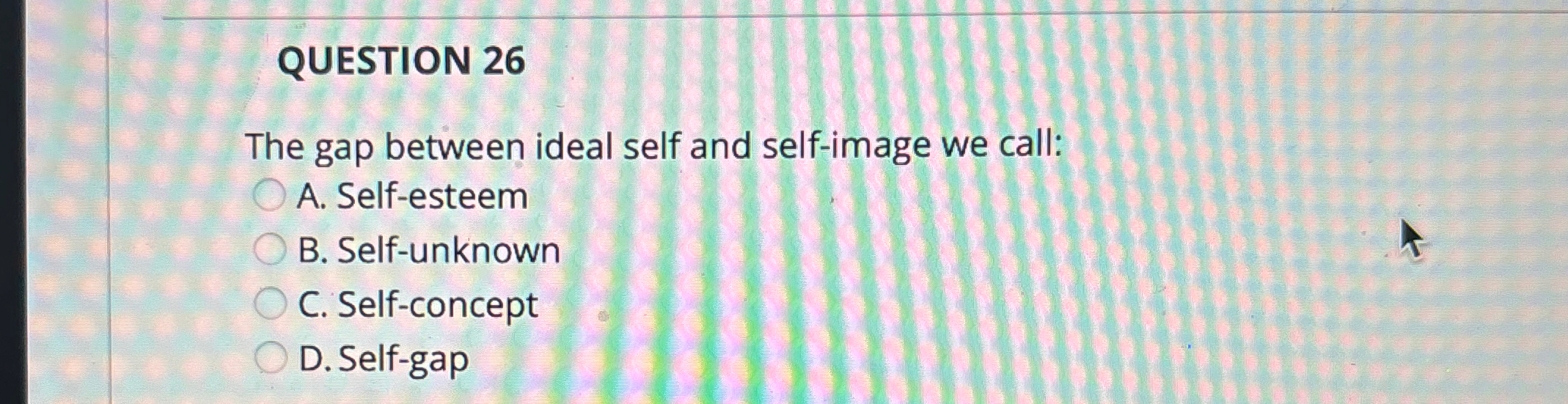  QUESTION 26 The gap between ideal self and self-image we call: