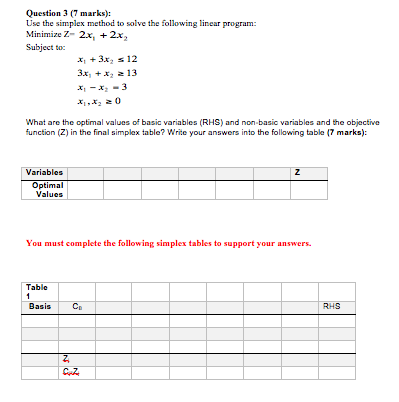 Question 3(7 marks): Use the simplex method to solve the following