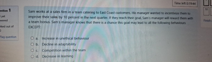  Time left 0:19.44 estion 1 yet wered rked out of Flag