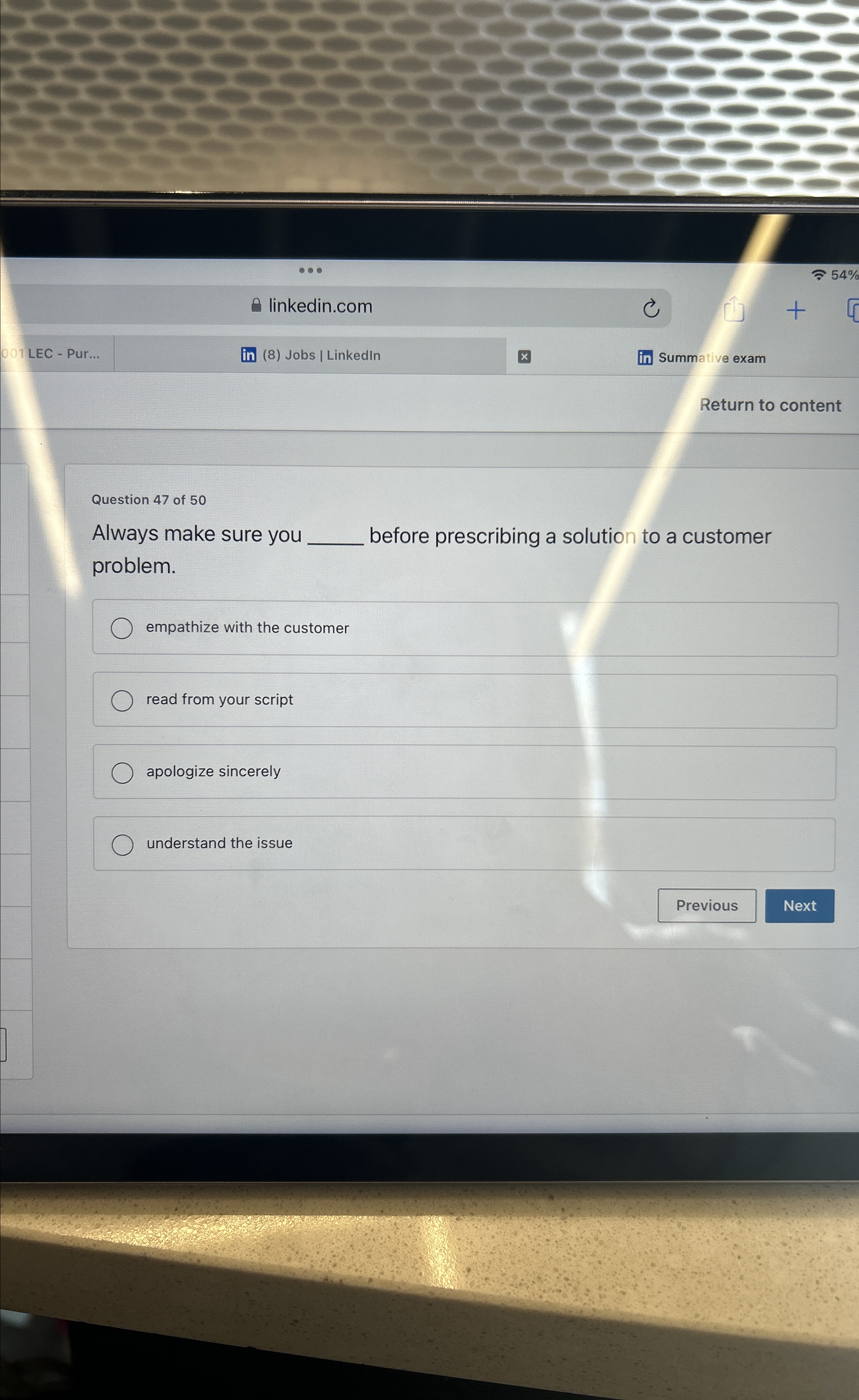  linkedin.com 54% 001 LEC - Pur... (8) Jobs / LinkedIn Summative