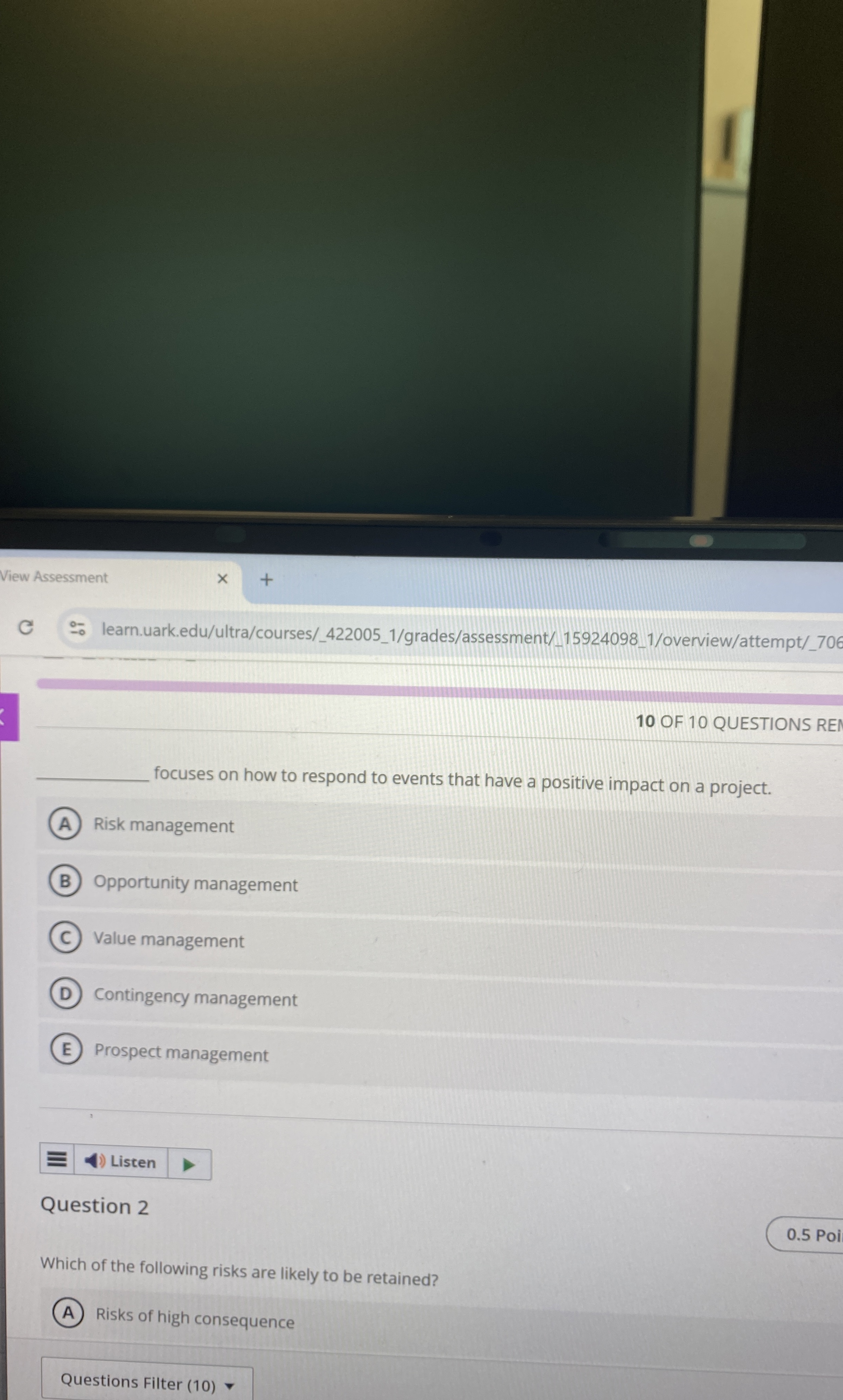  View Assessment learn.uark.edu/ultra/courses/_422005_1/grades/assessment/_15924098_1/overview/attempt/_706 10 OF 10 QUESTIONS REI focuses on how