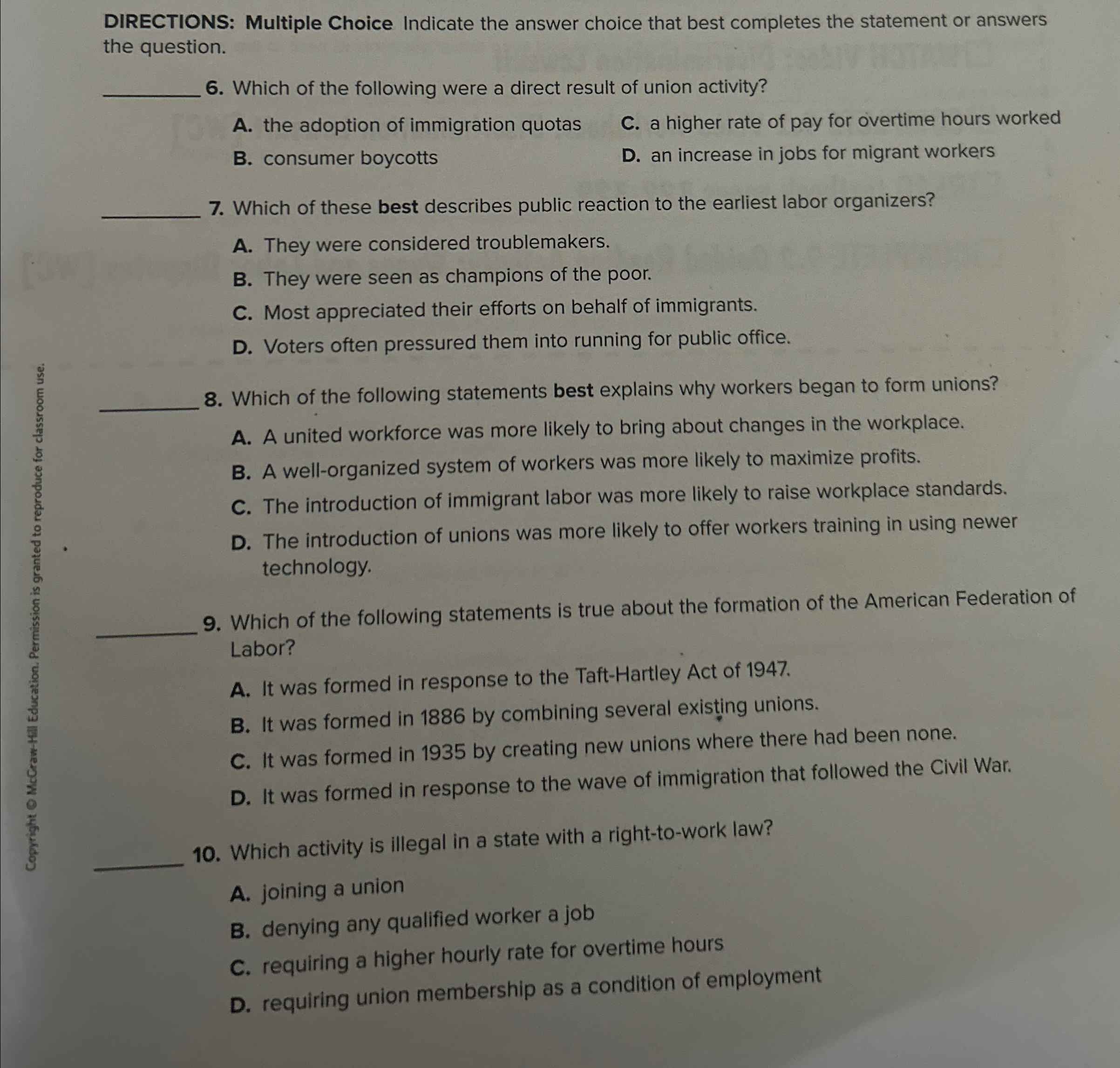  DIRECTIONS: Multiple Choice Indicate the answer choice that best completes the
