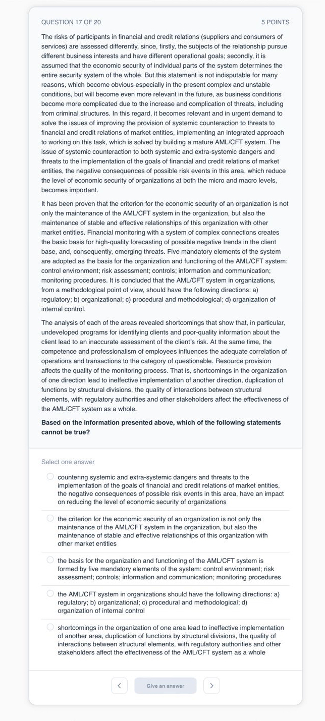  QUESTION 17 OF 20 5 POINTS The risks of participants in