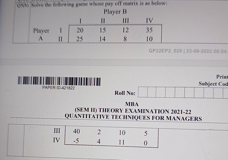  QS(b) Solve the following game whose pay off matrix is as