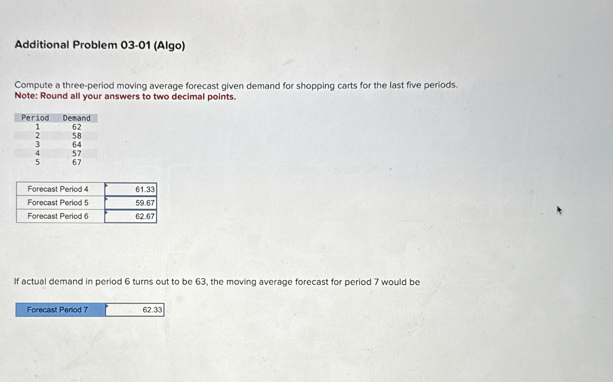  Additional Problem 03-01(Algo) Compute a three-period moving average forecast given demand