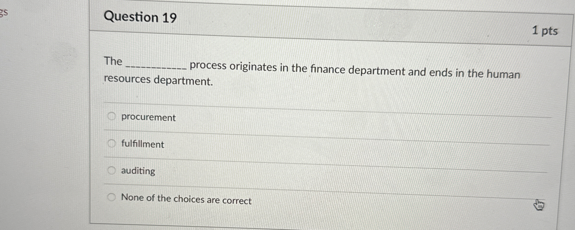  Question 19 1 pts The process originates in the finance department