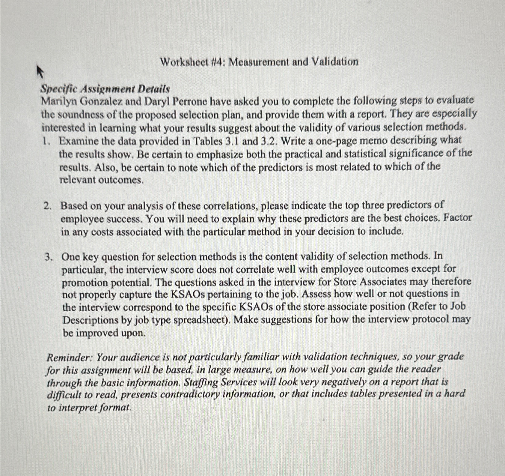  Worksheet H4: Measurement and Validation Specific Assignment Details Marilyn Gonzalez and