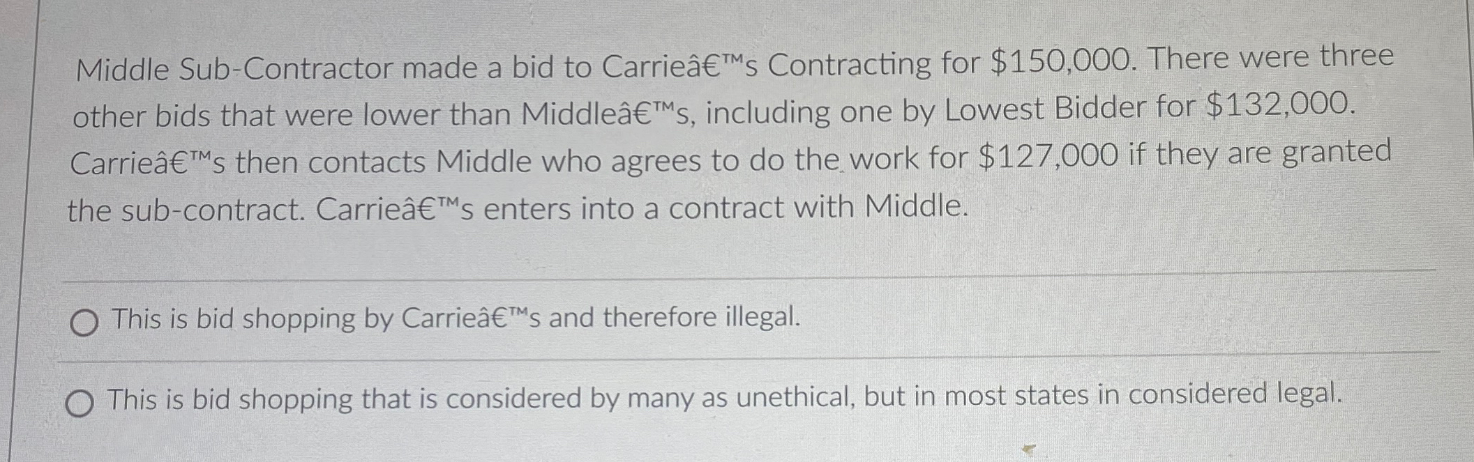  Middle Sub-Contractor made a bid to CarrielonTM S Contracting for $150,000.