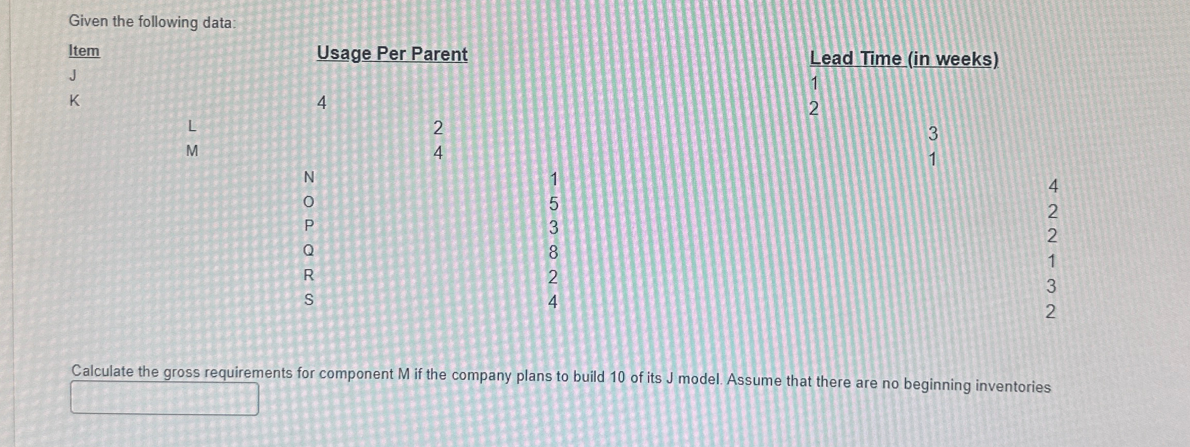  Given the following data: Lead Time (in weeks) 1 2 3