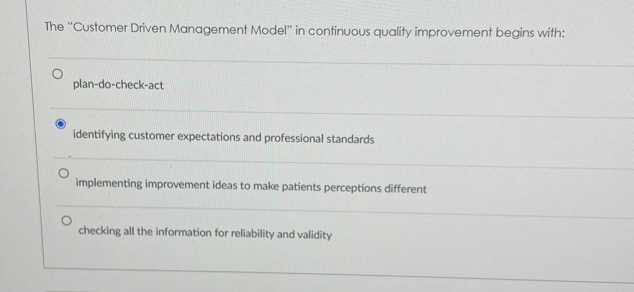  The "Customer Driven Management Model" in continuous quality improvement begins with: